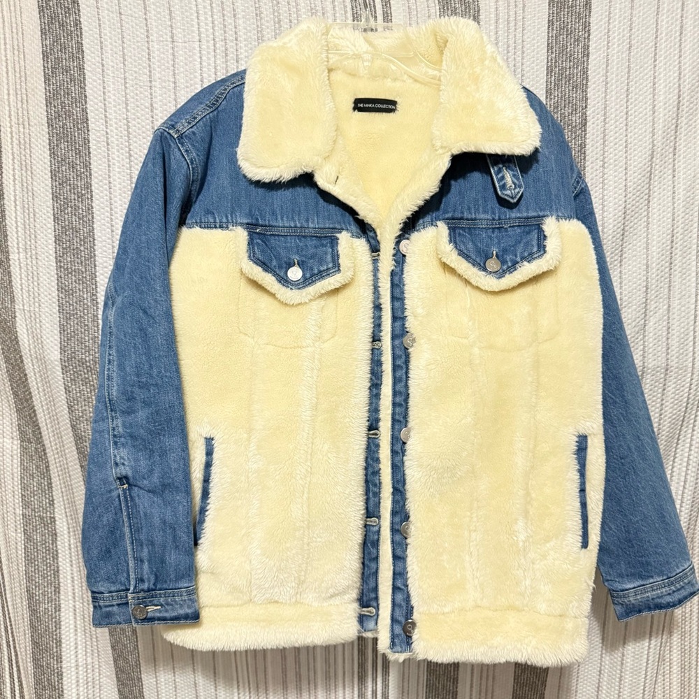 Stylish Blue and Cream Sherpa Jean Jacket